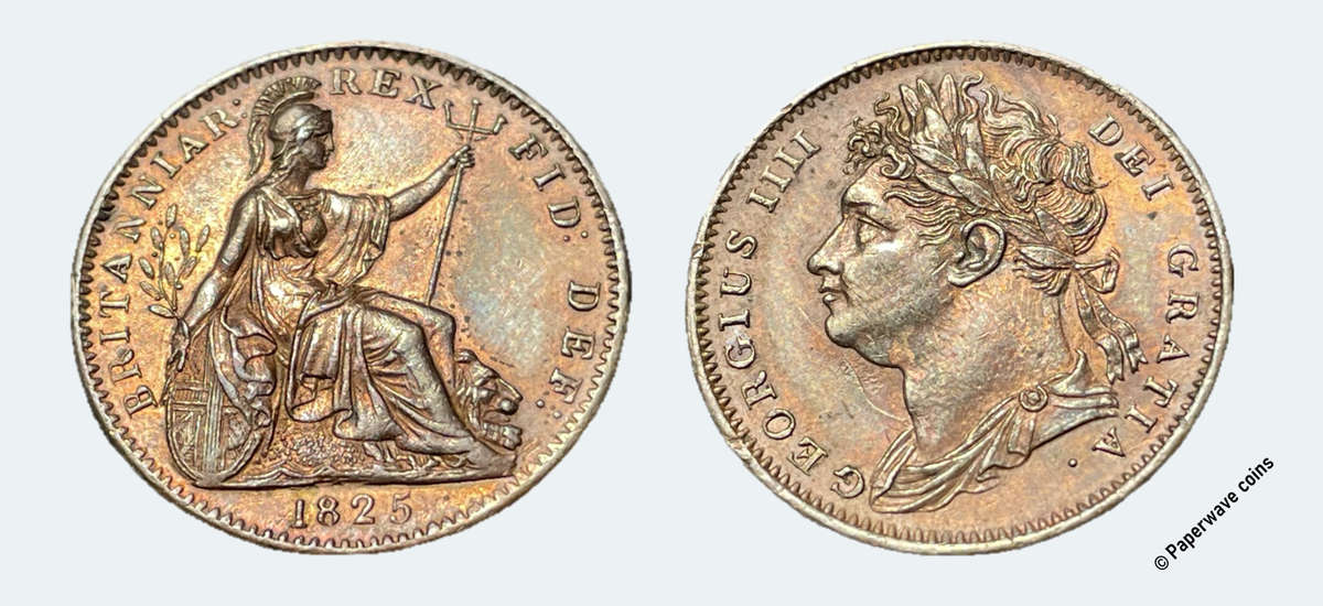 Beautiful 200 year old British farthing (1/4 penny) bronze coin from 1825