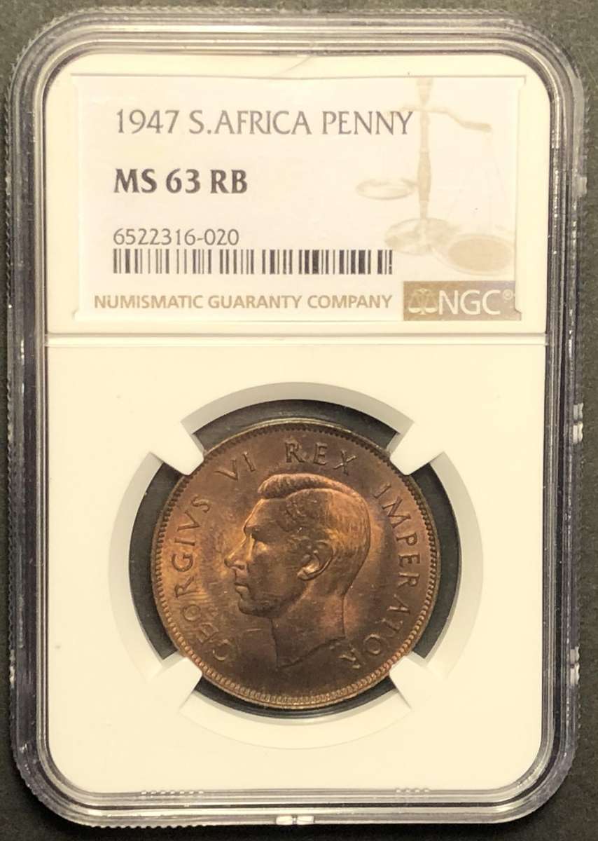 Beautiful 1947 SA Union 1 penny coin Graded MS63RB by NGC - Scarce date