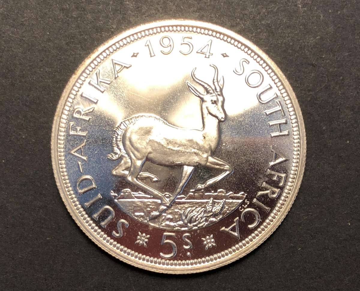 Brilliant Proof 1954 SA Union silver 5 shillings (crown) coin - Rare date
