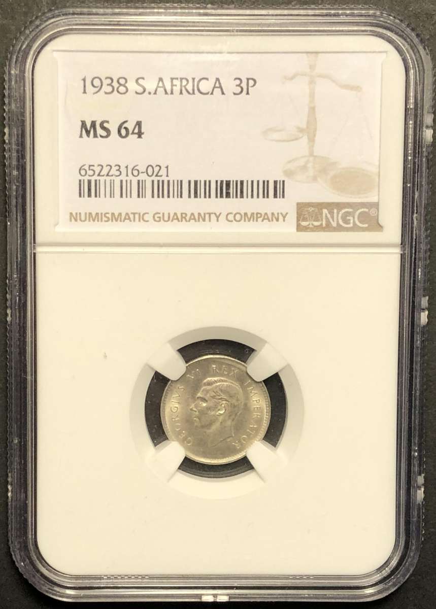 Very Nice MS64 1938 SA Union silver 3 pence coin - NGC Graded