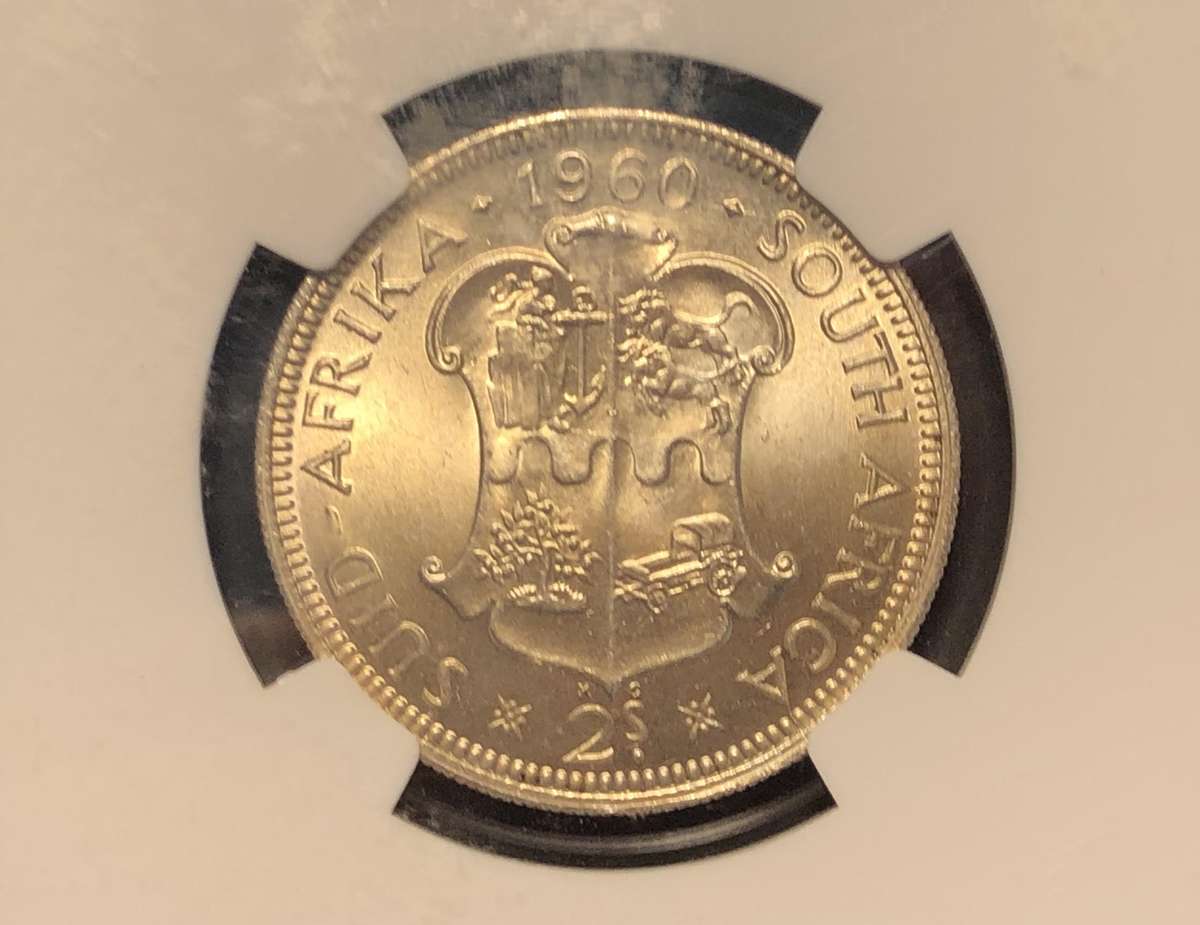 Very nice 1960 SA Union silver 2 shilling coin graded Mint State by NGC - Bakewell Collection