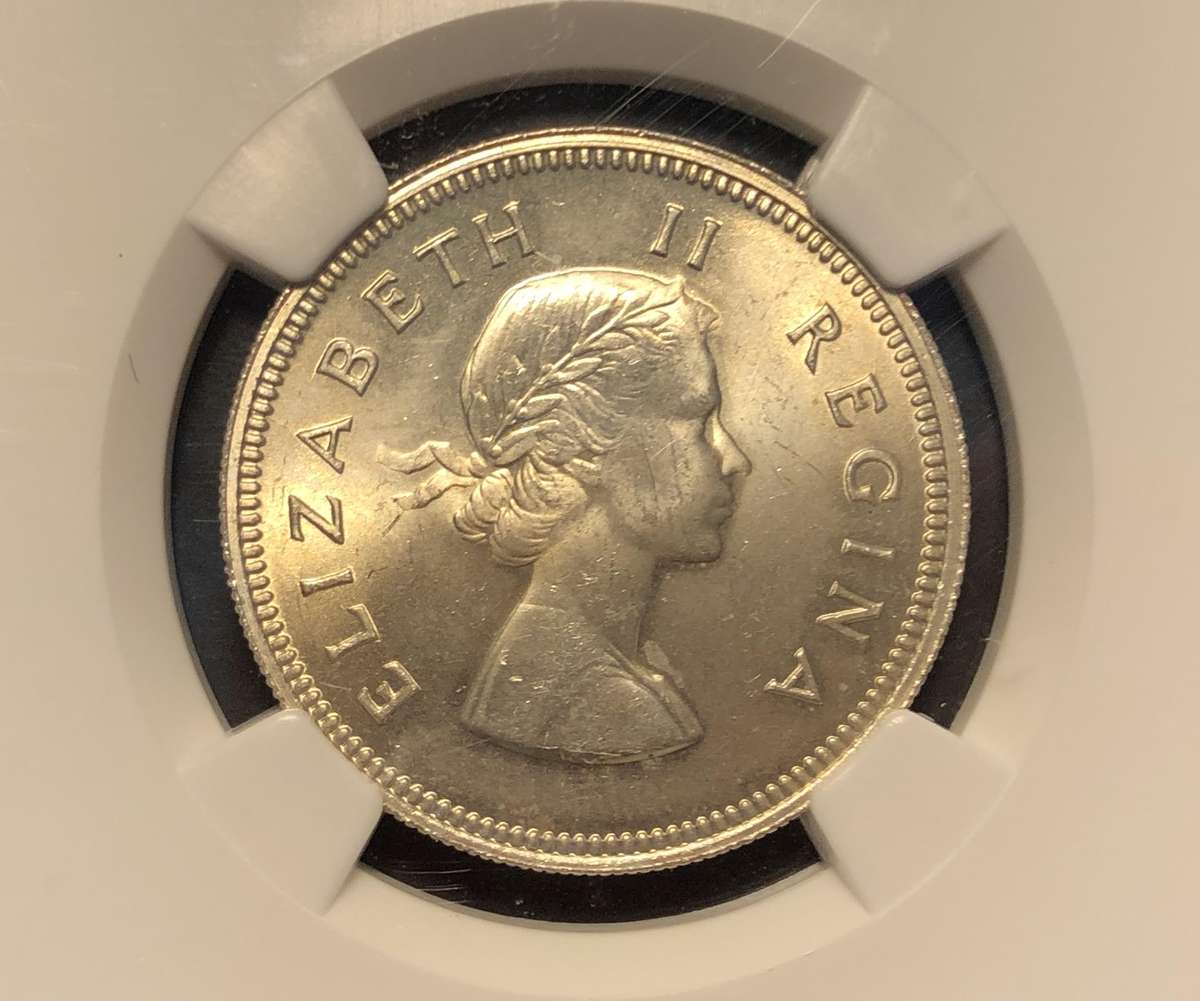 Very nice 1960 SA Union silver 2 shilling coin graded Mint State by NGC - Bakewell Collection
