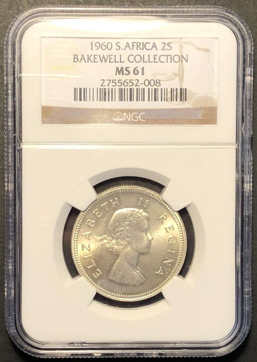 Very nice 1960 SA Union silver 2 shilling coin graded Mint State by NGC - Bakewell Collection