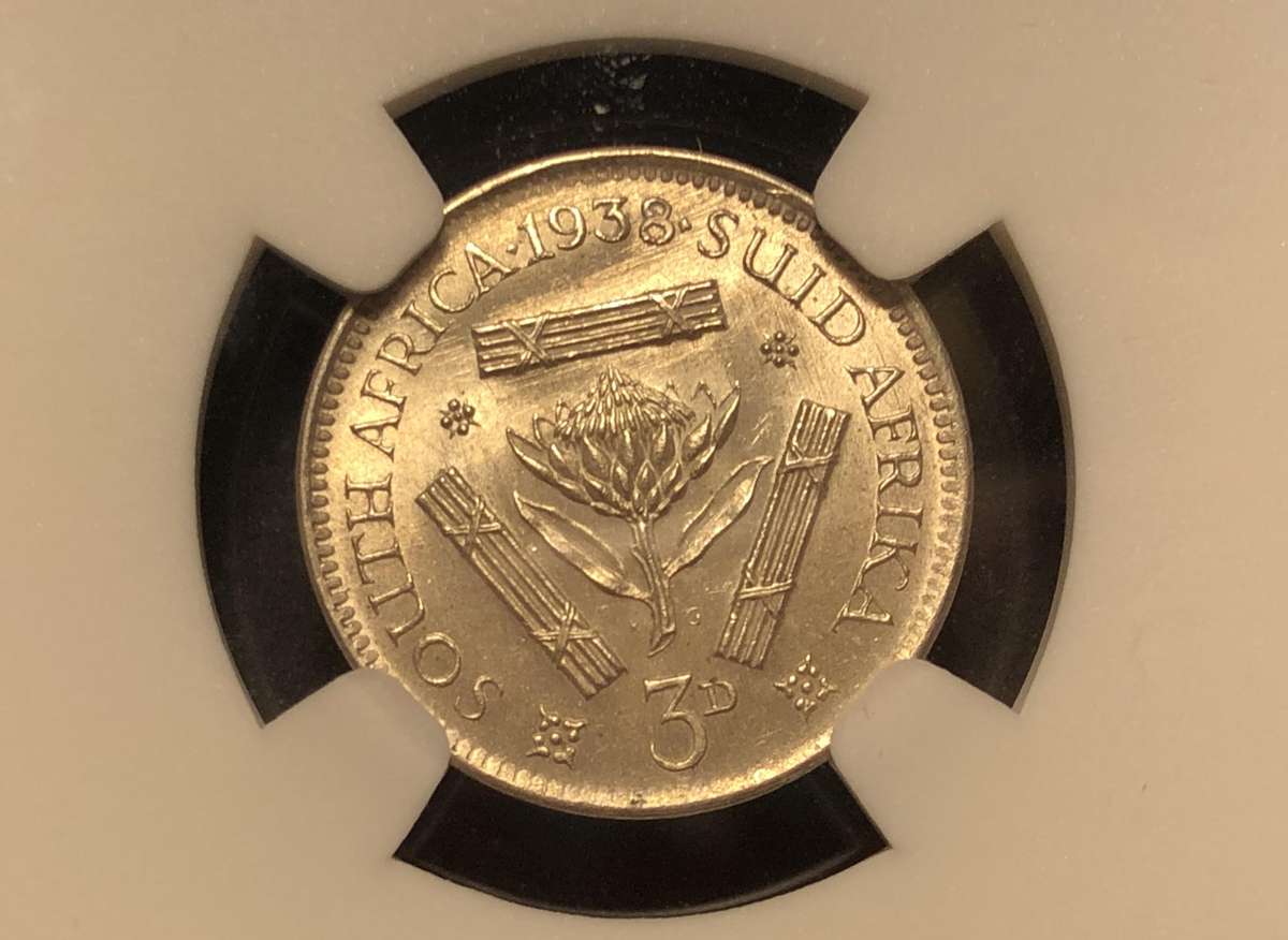 Very Nice MS64 1938 SA Union silver 3 pence coin - NGC Graded