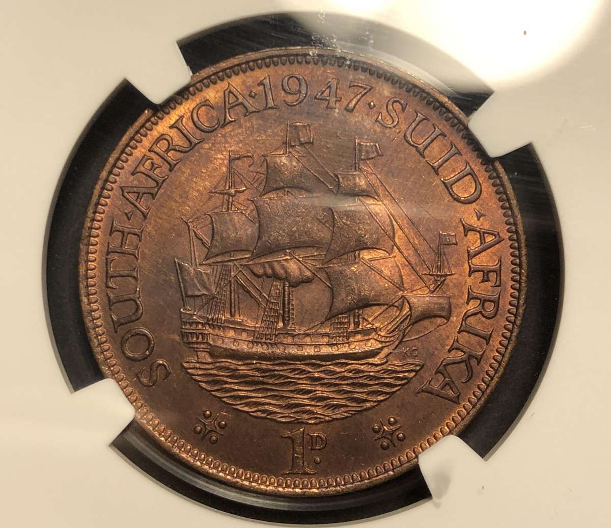 Beautiful 1947 SA Union 1 penny coin Graded MS63RB by NGC - Scarce date