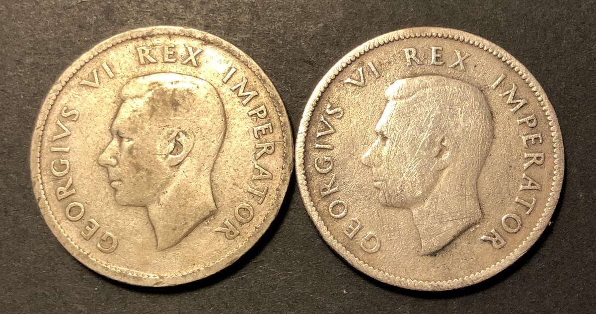 Lot of 2 SA Union silver 2 shilling (florin) coins dating 1941 & 1945