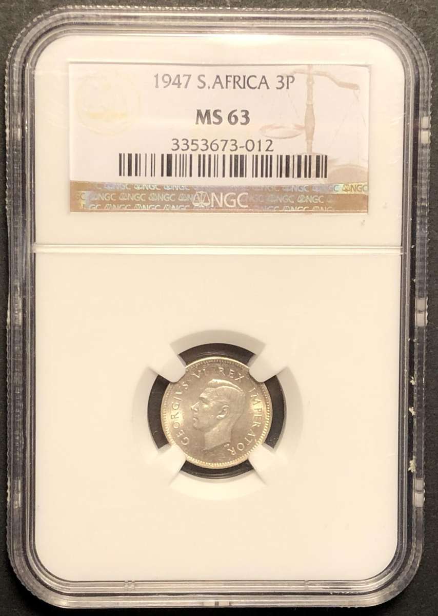 Beautiful 1947 SA Union silver 3 pence coin Graded MS63 by NGC