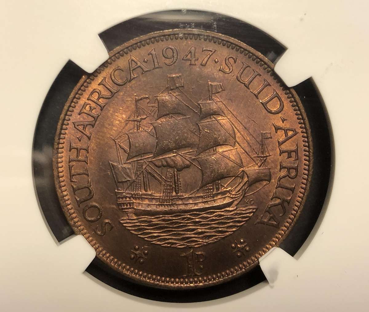 Beautiful 1947 SA Union 1 penny coin Graded MS63RB by NGC - Scarce date