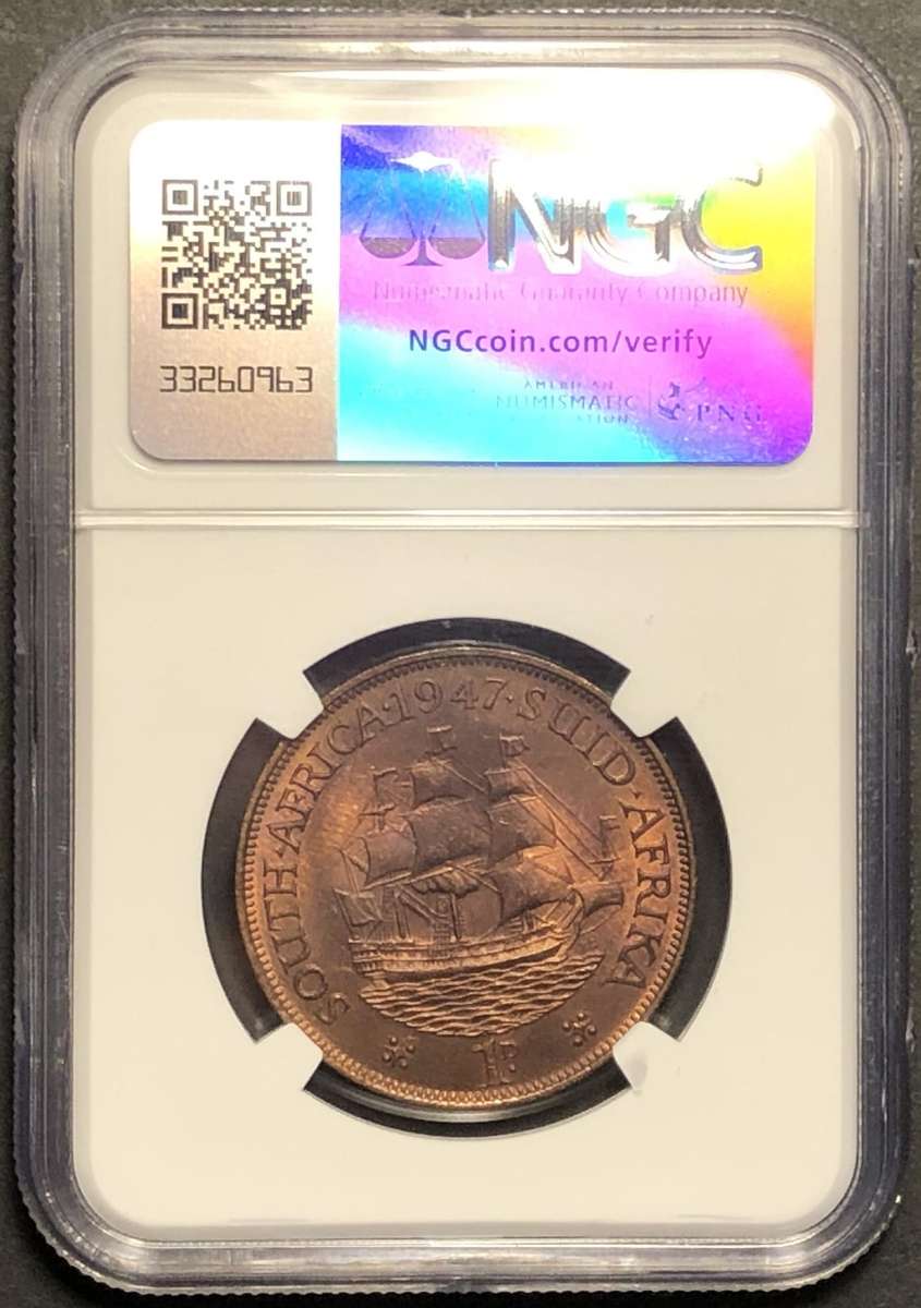 Beautiful 1947 SA Union 1 penny coin Graded MS63RB by NGC - Scarce date