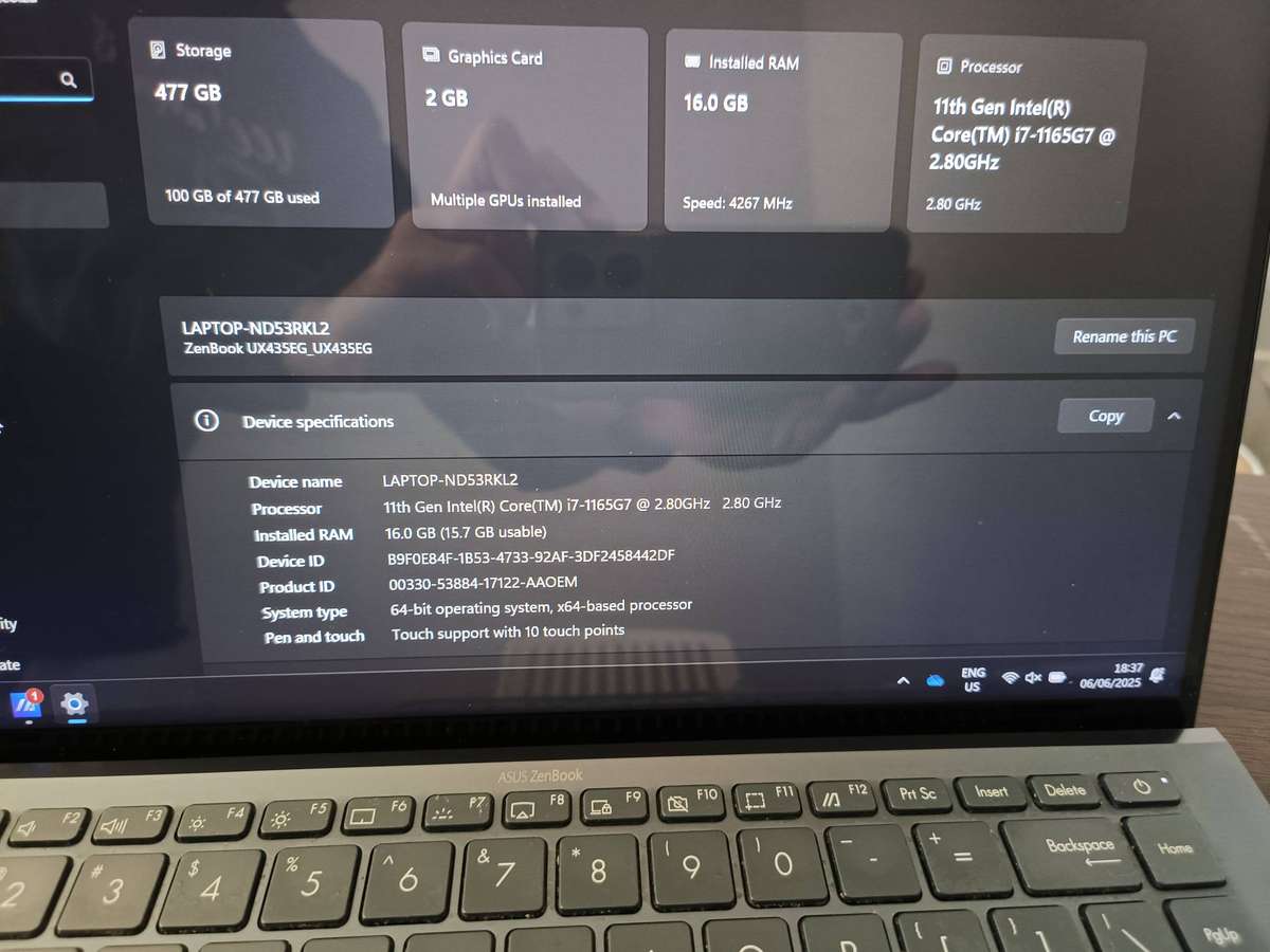 Asus ZenBook 14 UX435EG Touch Screen Intel Core i7, 16GB RAM, 512GB SSD, MX450 Graphics  Pine Grey