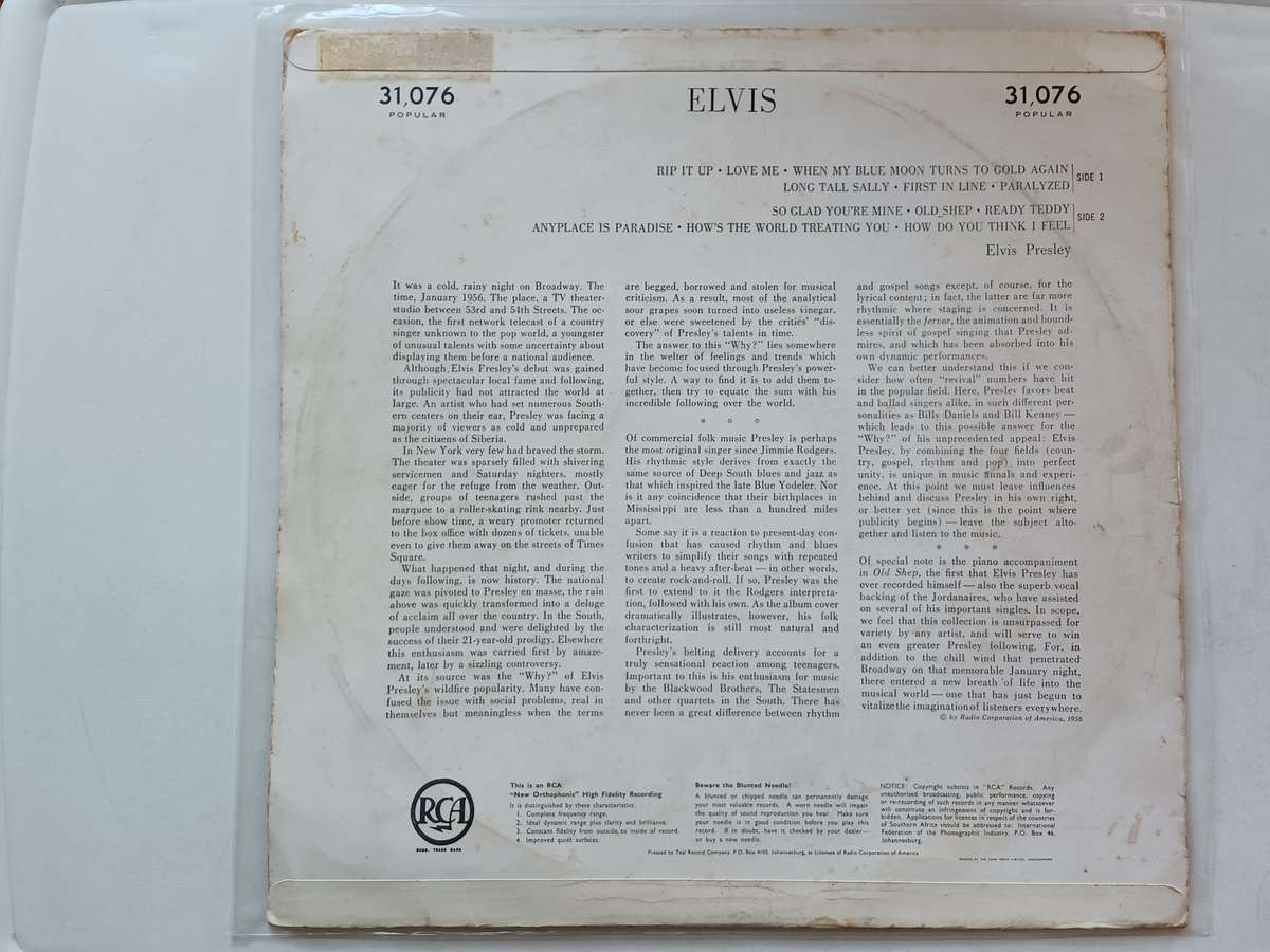Elvis Presley - Elvis  ( Scare ,1956 SA released LP )
