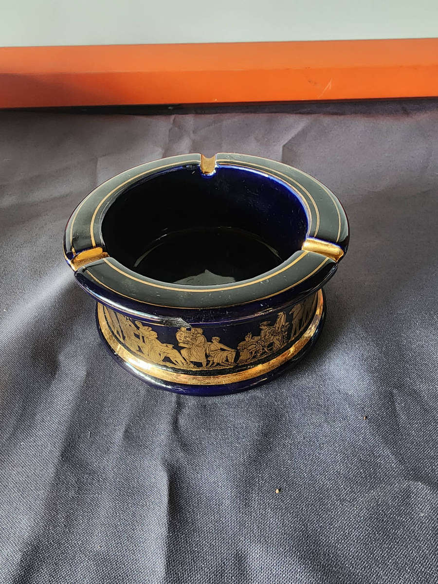 vintage Spyropoulos ceramic ashtray, handmade in Greece with 24K gold trimming.
