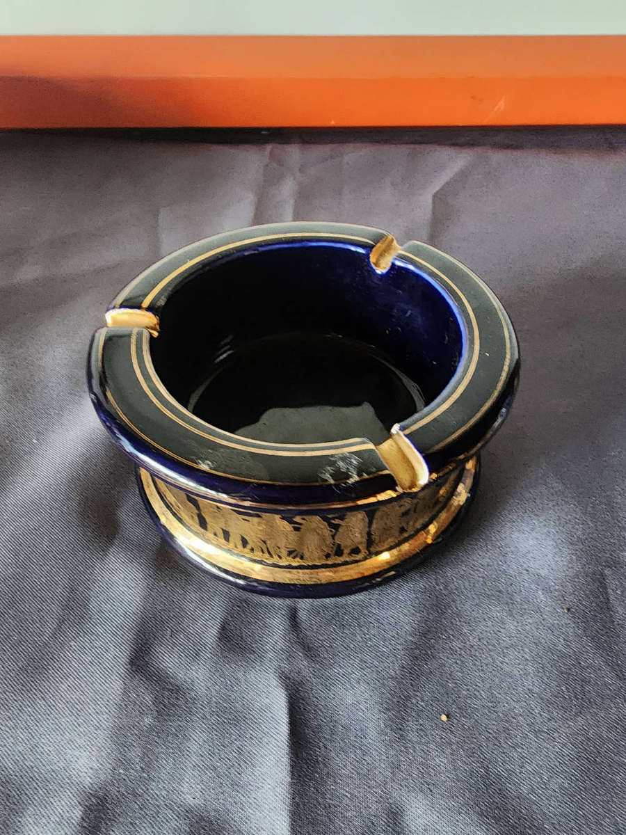 vintage Spyropoulos ceramic ashtray, handmade in Greece with 24K gold trimming.