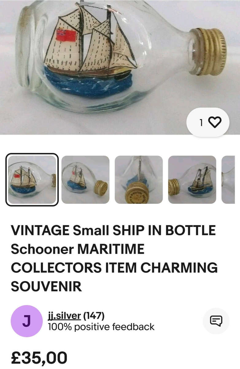 vintage miniature ships in a bottle, which are decorative collectibles.