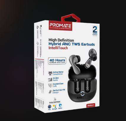 Promate Baton High-Definition Hybrid TWS Earbuds with IntelliTouch - Black / Active Noise Cancellati