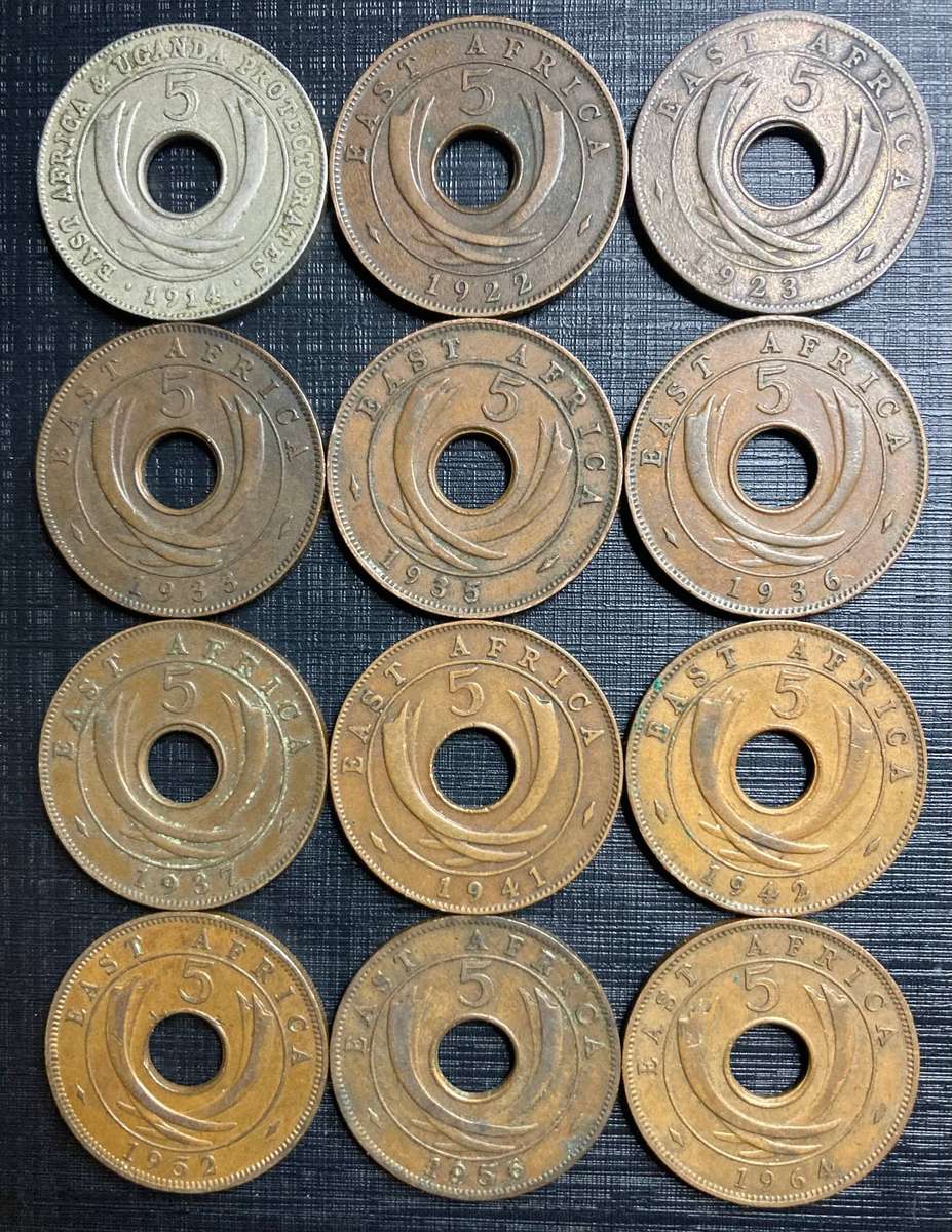 East Africa 5 Cent collection (12 dates, 4 emperors)