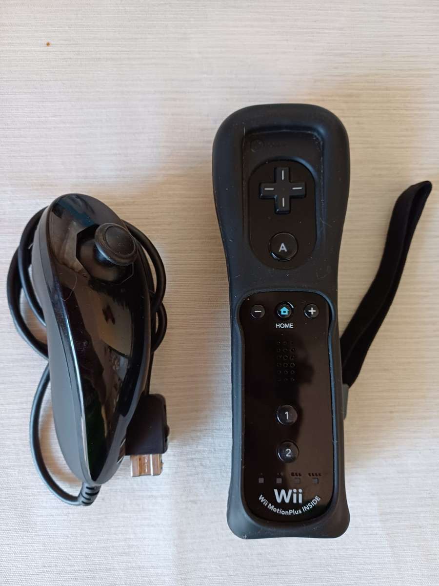 Nintendo black original Wii controller with Motion Plus with nunchuk and sleeve /strap