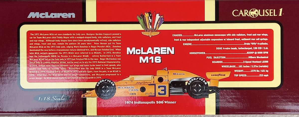 McLaren M16 Indy car - 1974 Indianapolis winner - Rutherford - Carousel 1/18