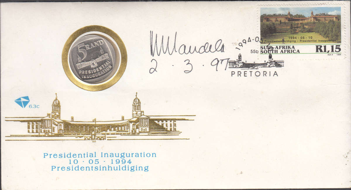 SIGNED NELSON MANDELA INAUGURATION COIN FDC AUTOGRAPH PRESIDENT SIGNATURE SOUTH AFRICA RARE