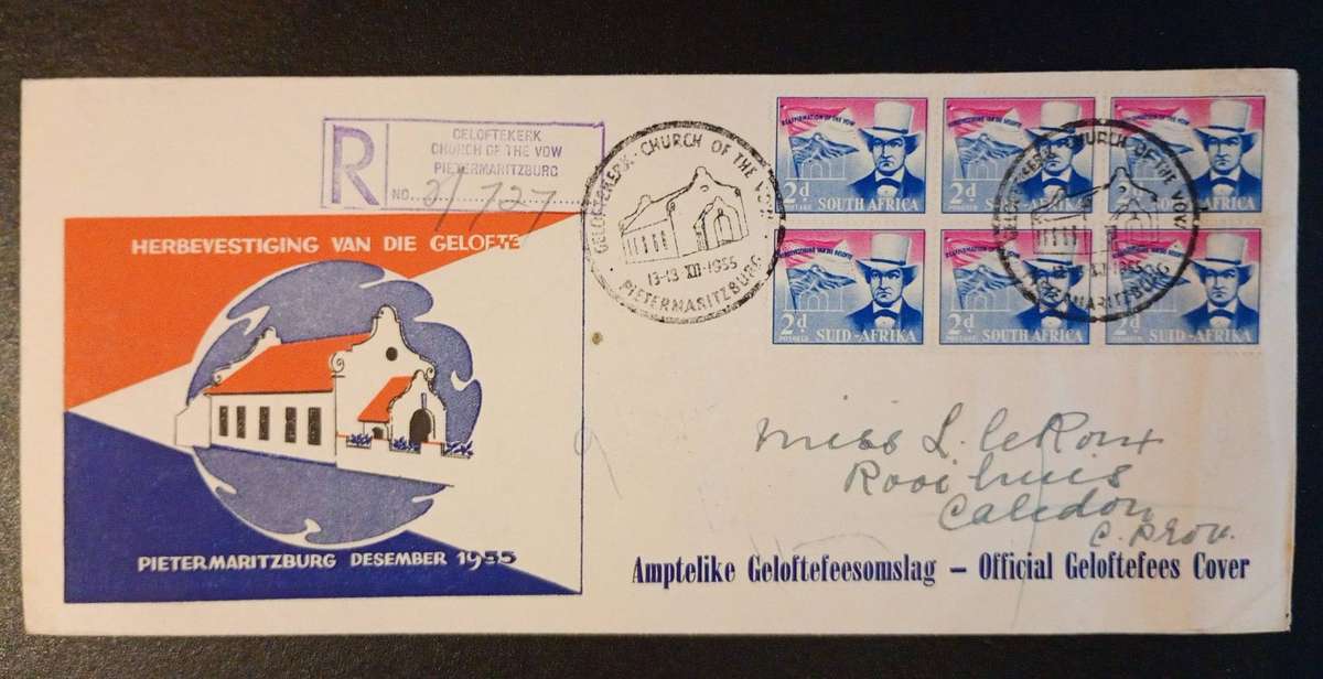 1955 Union of South Africa Official Geloftefees Cover Church of the Vow Cancel
