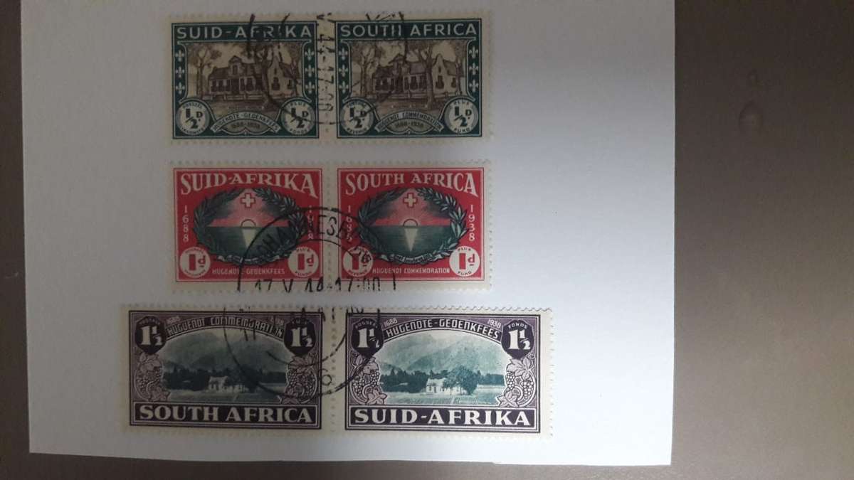 SOUTH AFRICA 1939 HUGUENOT 250TH ANNIVERSARY SET OF 3 PAIRS V.F.USED. SACC 81-83. CAT R275.