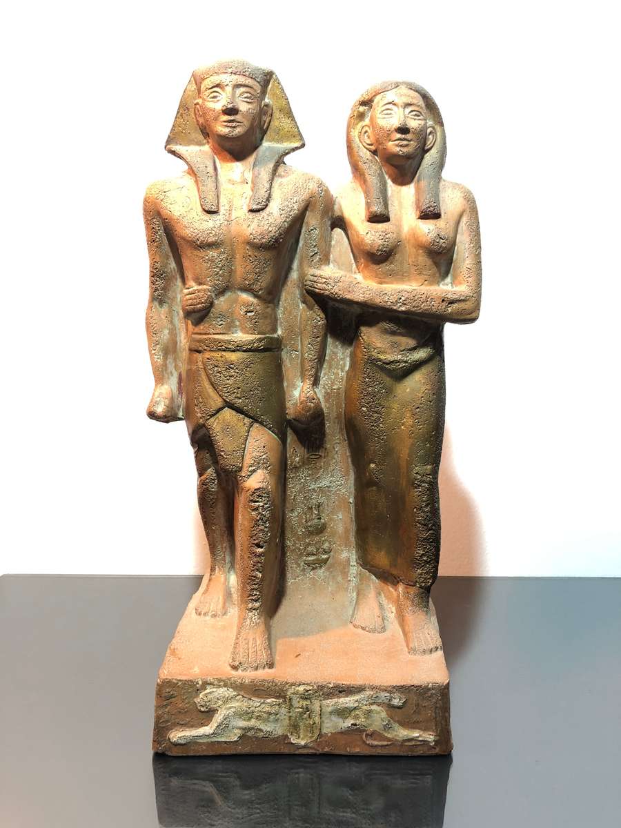 Large Souvenir Egyptian Terracota Statue Menkaure and His Queen