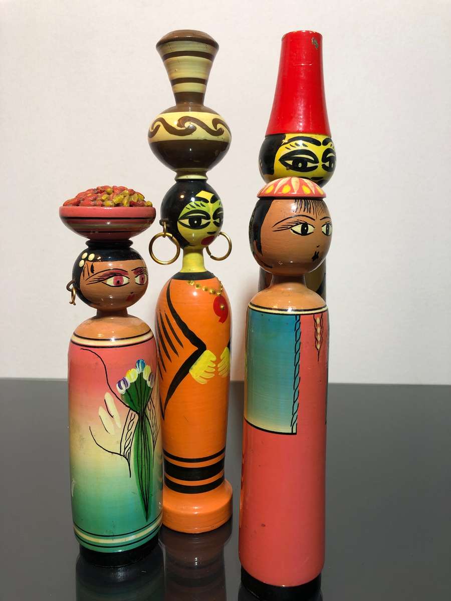 A Set of Mid Century Egyptian Wooden Folk Dolls