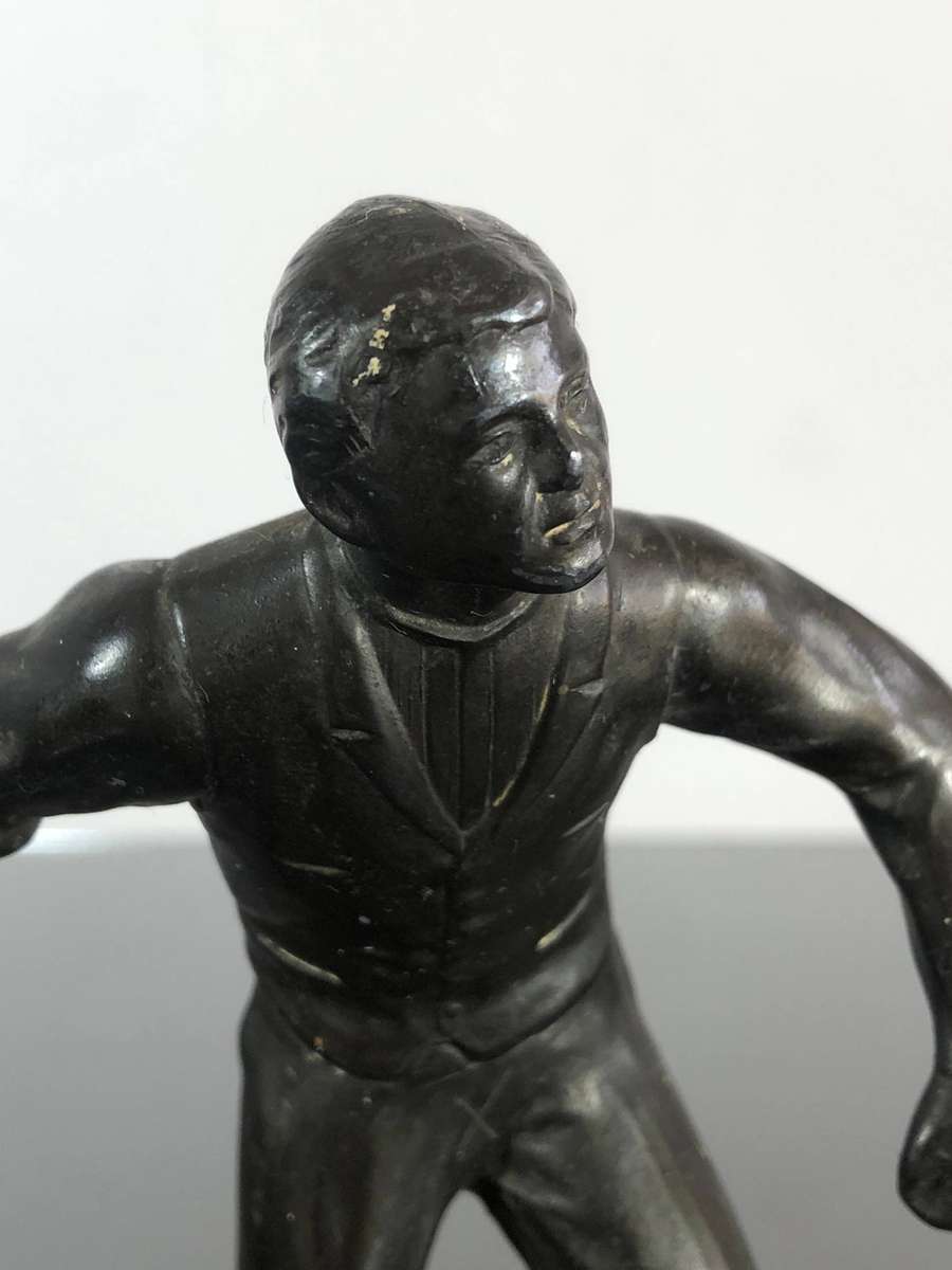 Art Deco Period Spelter Sculpture of Bowler on Solid Steel Base