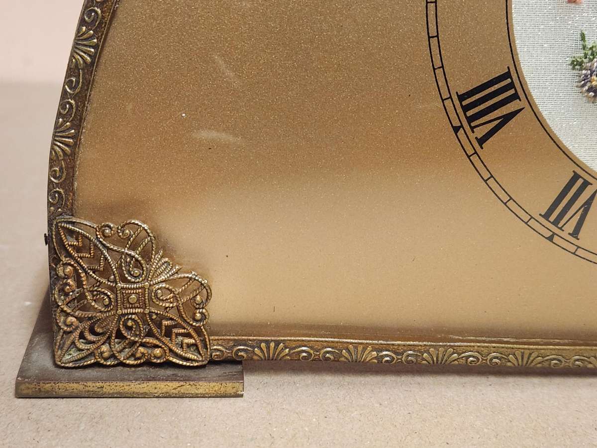 1930'S PETIT POINT FLORAL DRESSER/MANTEL CLOCK IN A WORKING CONDITION