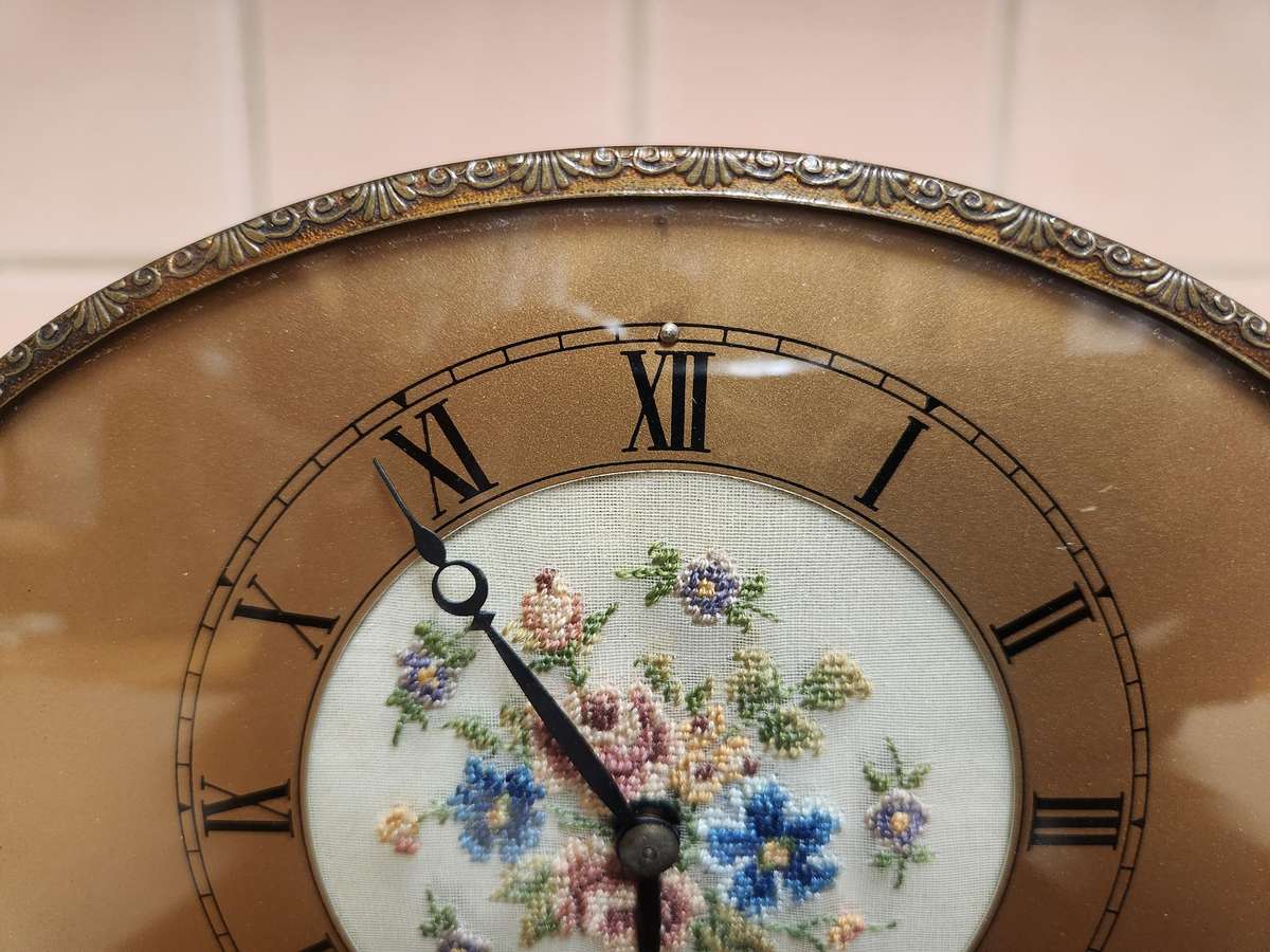 1930'S PETIT POINT FLORAL DRESSER/MANTEL CLOCK IN A WORKING CONDITION