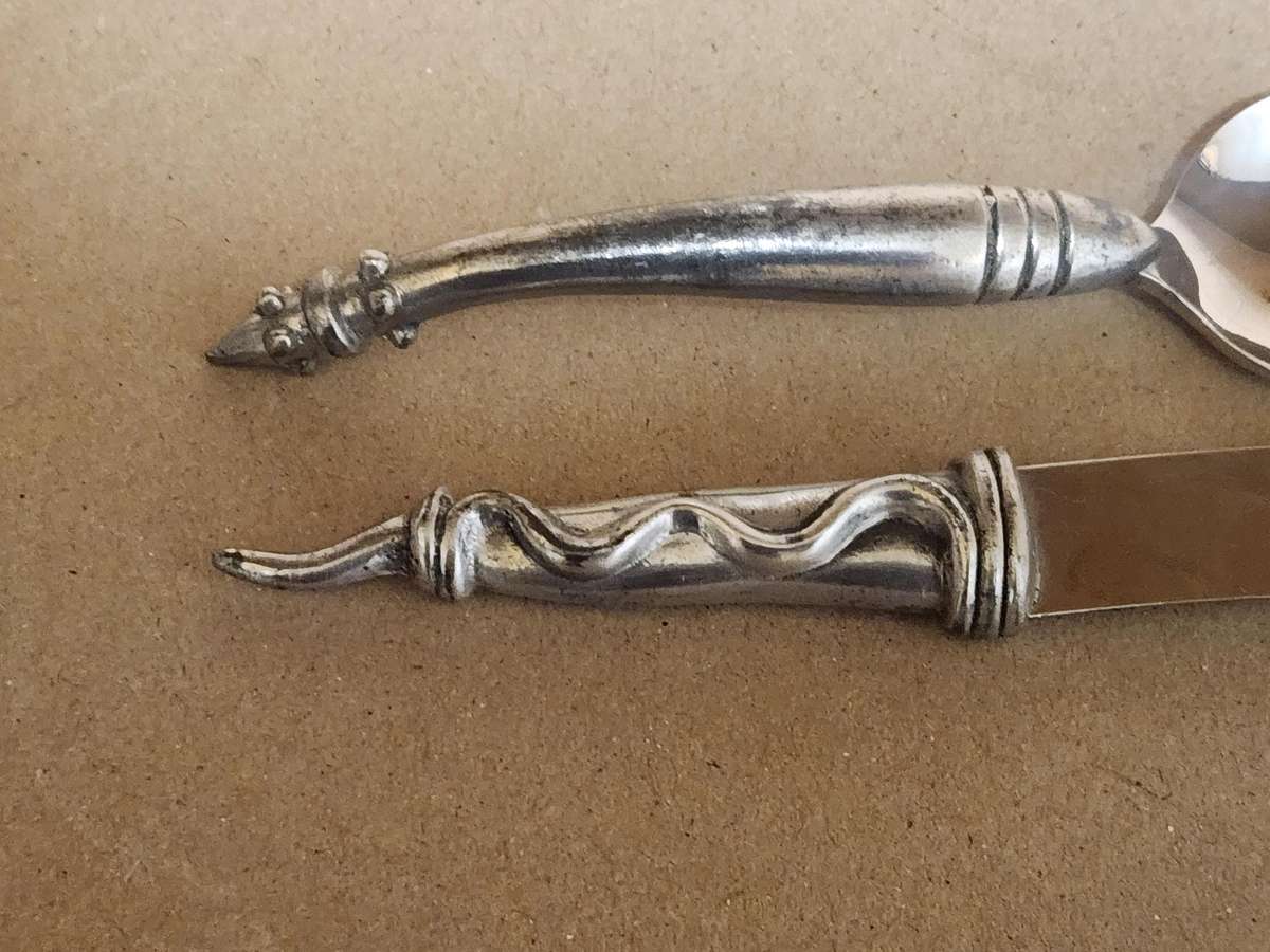 VINTAGE CARROL BOYES FUNCTIONAL ART EARLY DESIGN PEWTER SPREADER AND SPOON