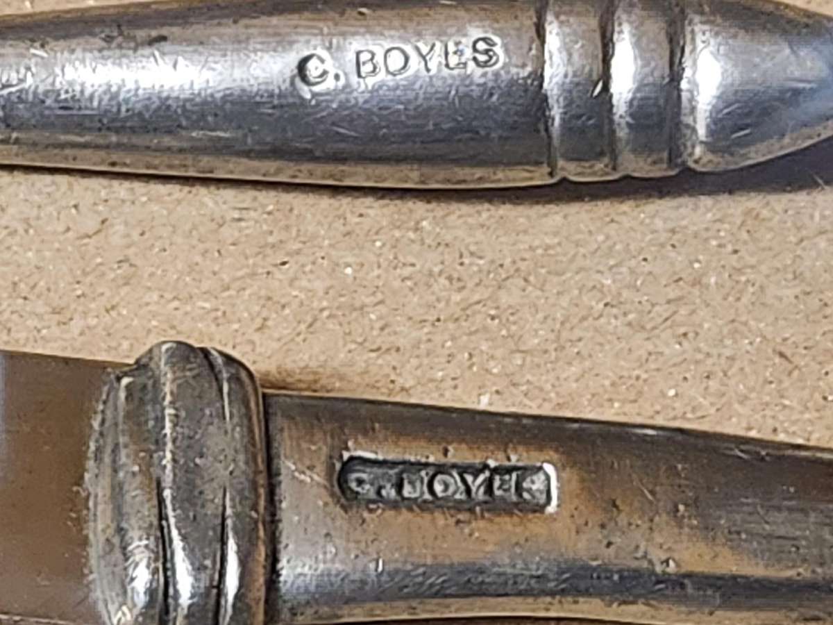 VINTAGE CARROL BOYES FUNCTIONAL ART EARLY DESIGN PEWTER SPREADER AND SPOON