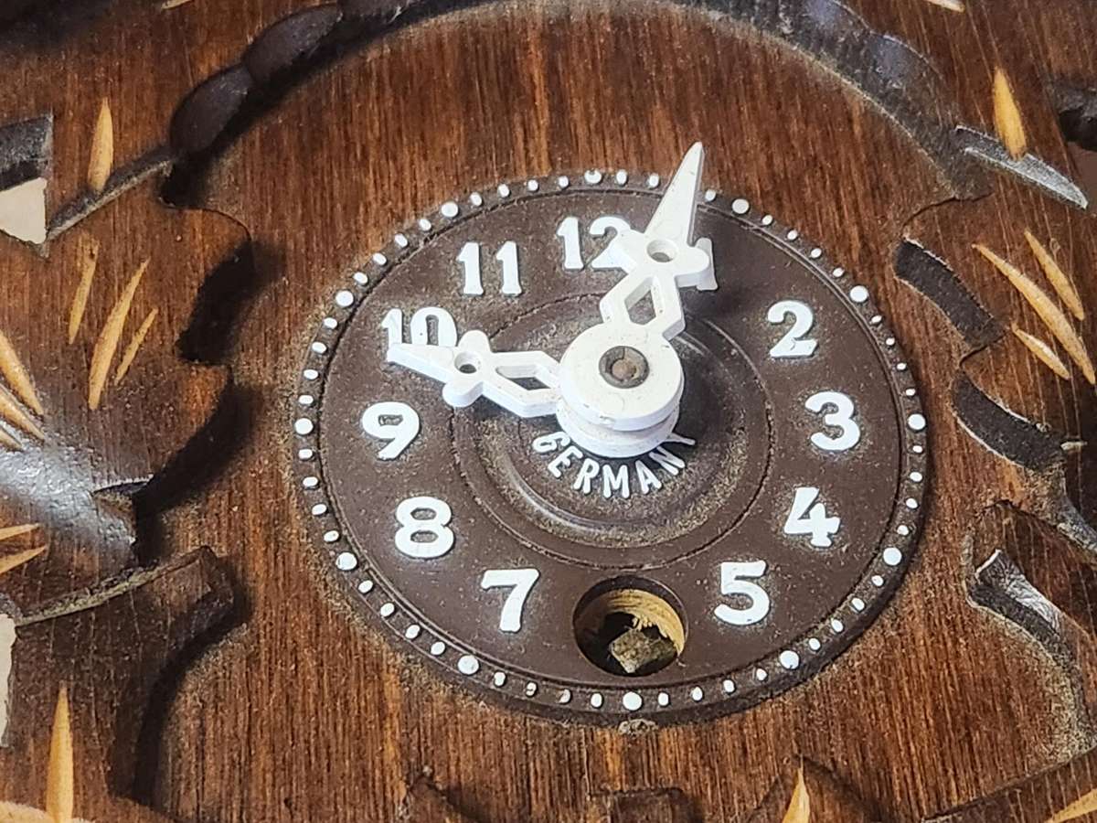 J ENGSTLER MINIATURE CUCKOO CLOCK IN WORKING CONDITION