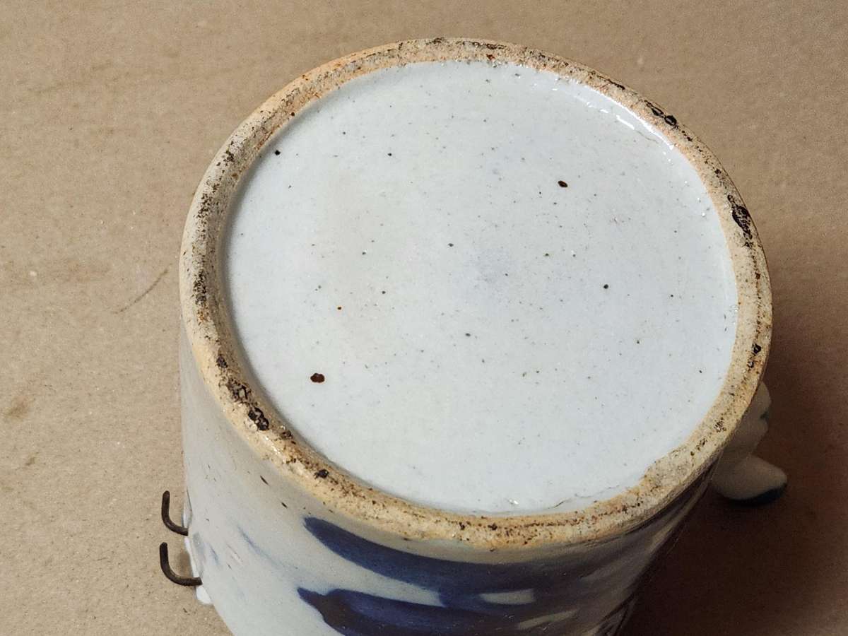 ANTIQUE 1800s CHINESE EXPORT BLUE AND WHITE STONEWARE TEAPOT, CHIP ON RIM