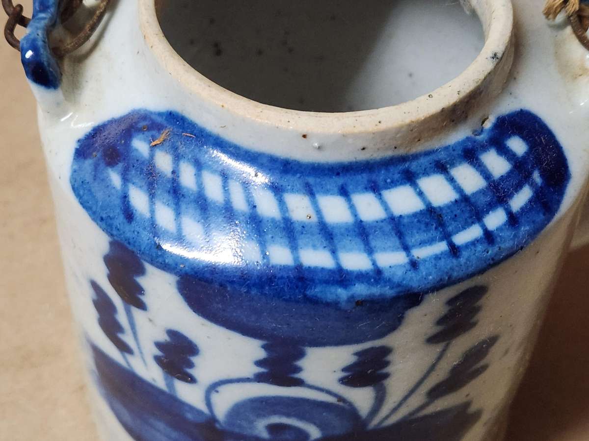 ANTIQUE 1800s CHINESE EXPORT BLUE AND WHITE STONEWARE TEAPOT, CHIP ON RIM