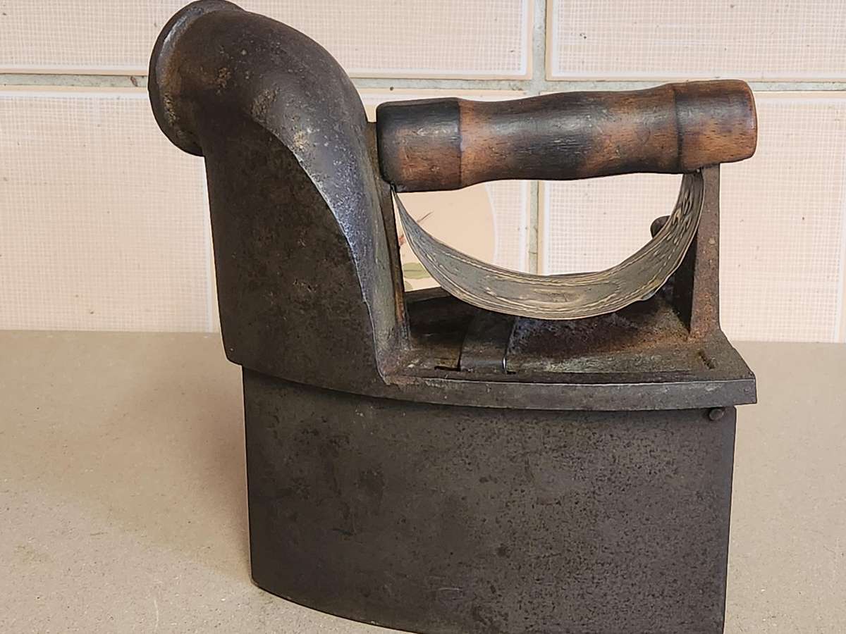 Antique cast iron charcoal sad iron with funnel