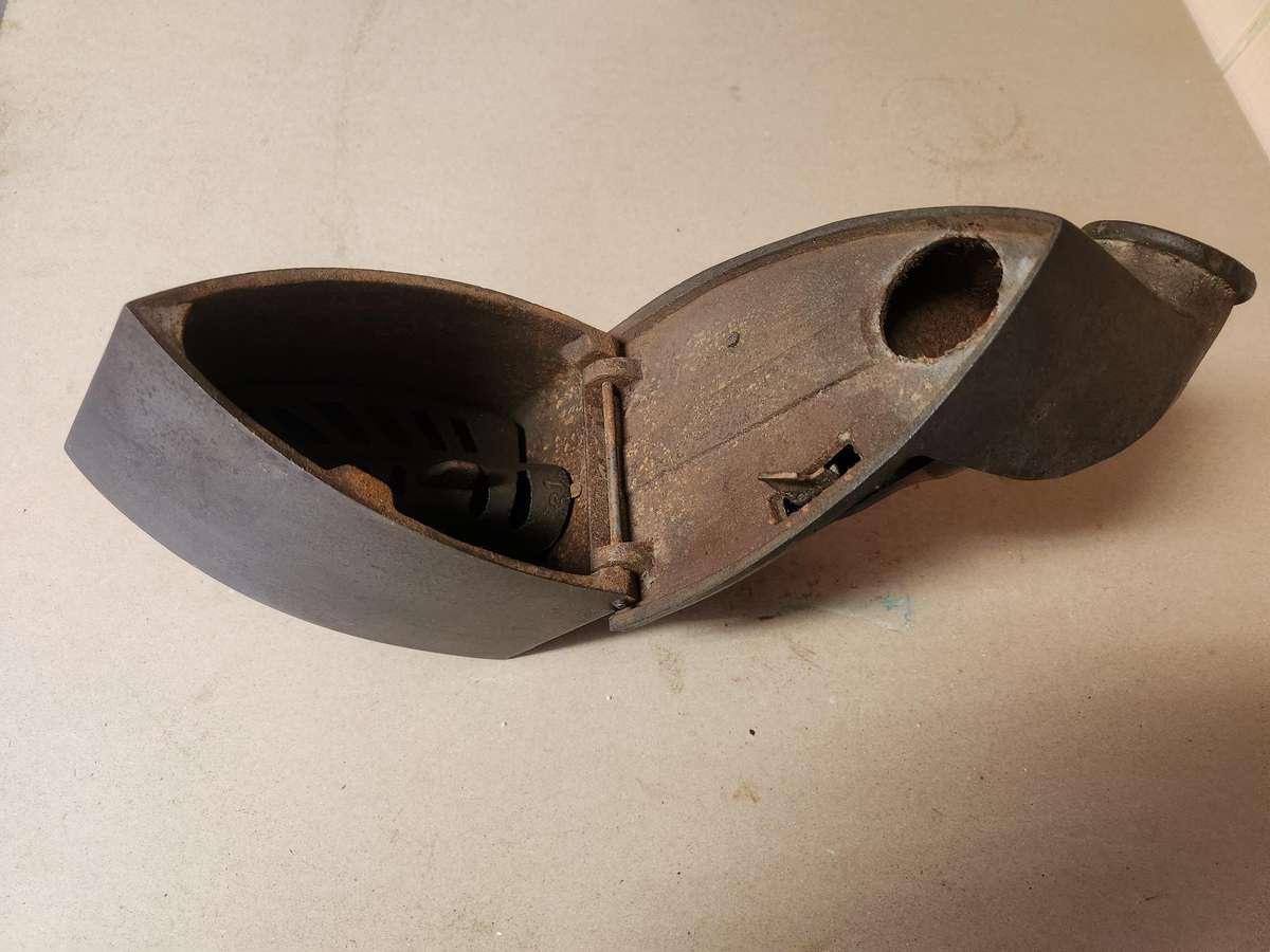 Antique cast iron charcoal sad iron with funnel