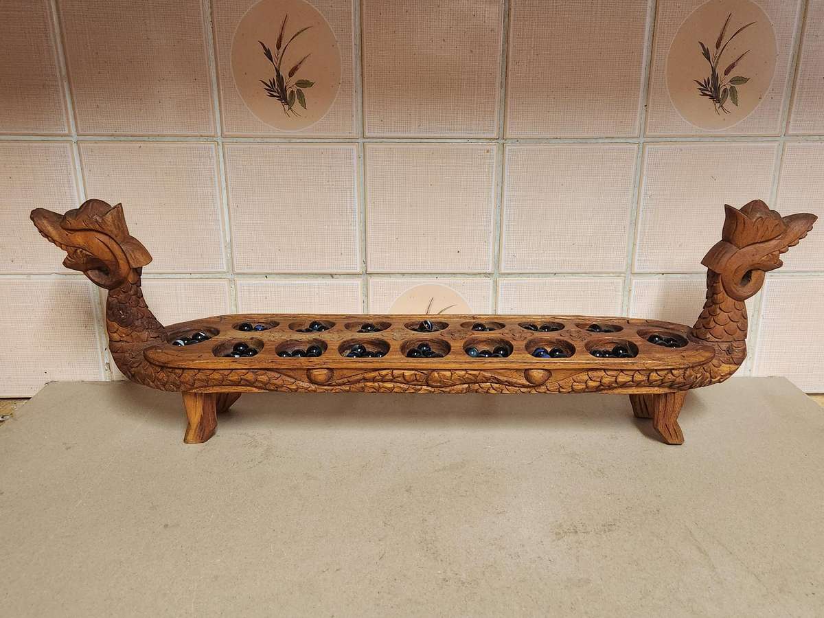 Vintage Hand Carved Wooden Dragon Mancala Board Game