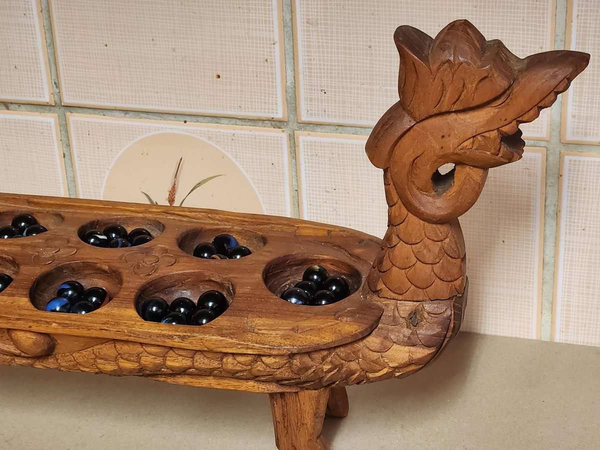 Vintage Hand Carved Wooden Dragon Mancala Board Game