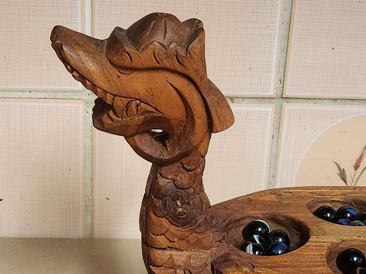 Vintage Hand Carved Wooden Dragon Mancala Board Game