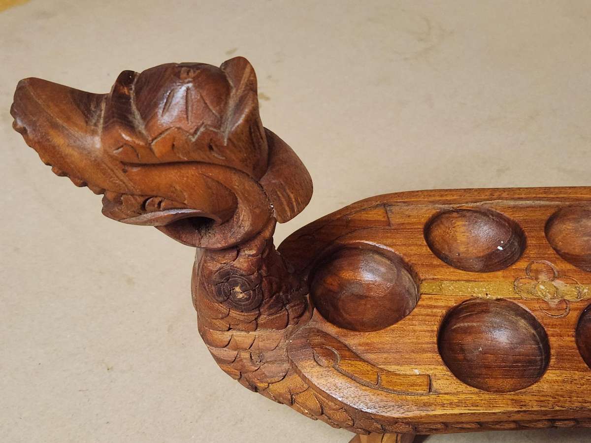 Vintage Hand Carved Wooden Dragon Mancala Board Game