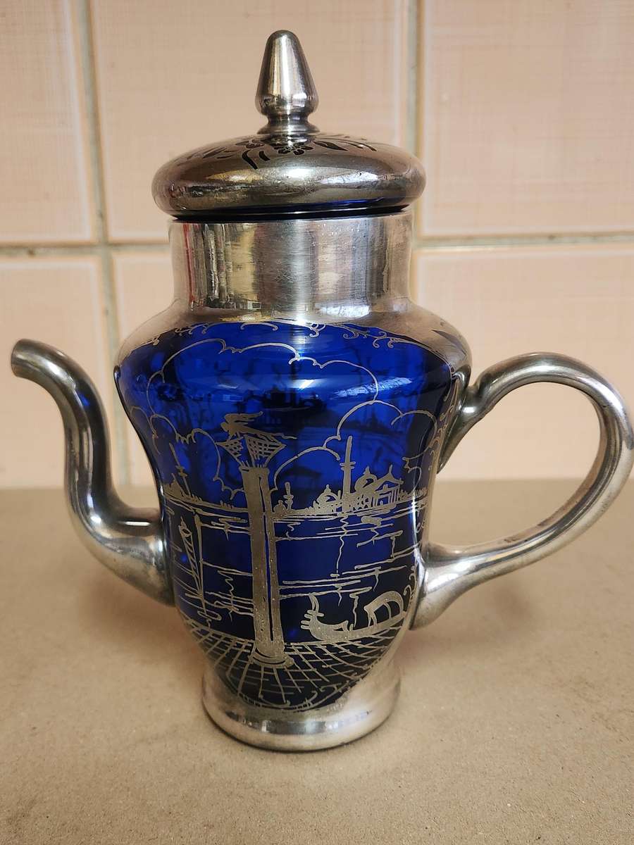 ART DECO VENETIAN COBALT GLASS SILVER OVERLAY TEA POT