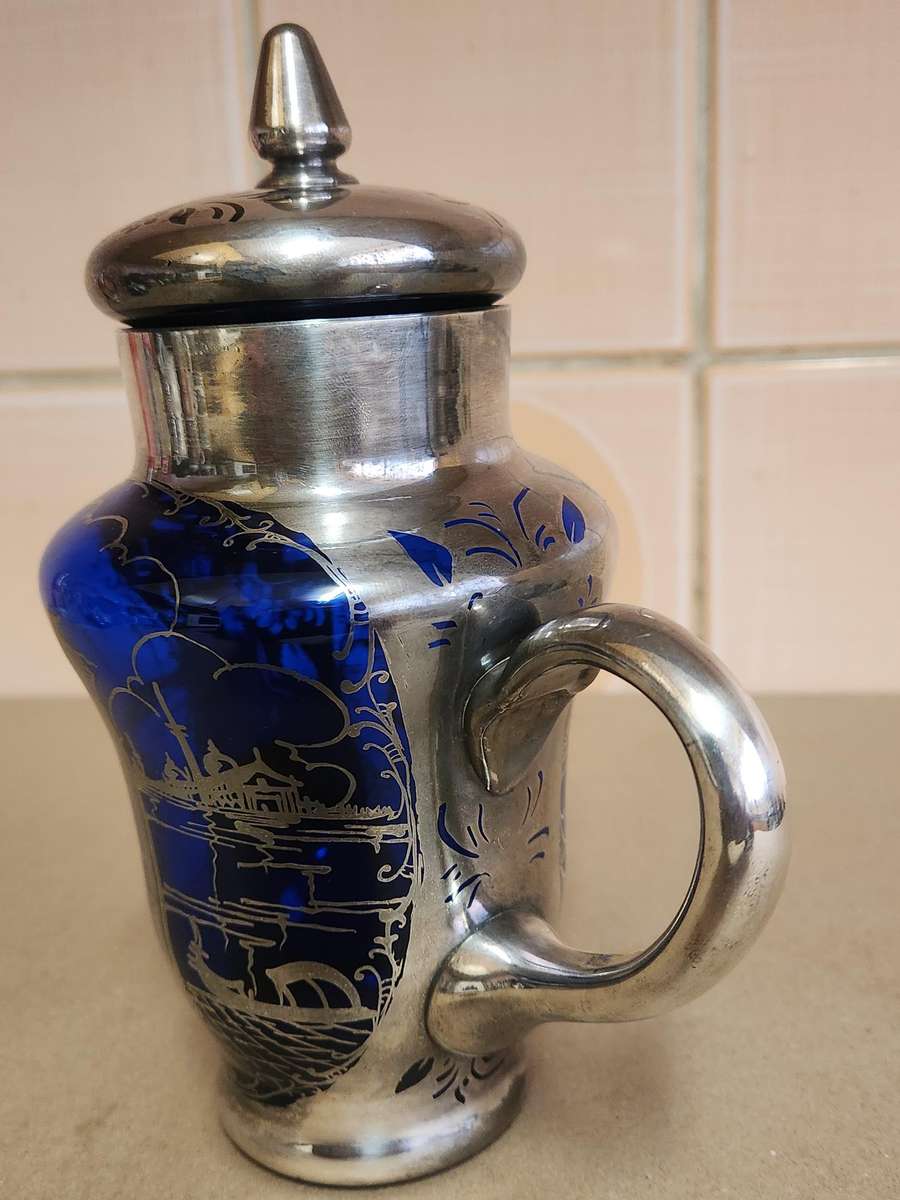 ART DECO VENETIAN COBALT GLASS SILVER OVERLAY TEA POT