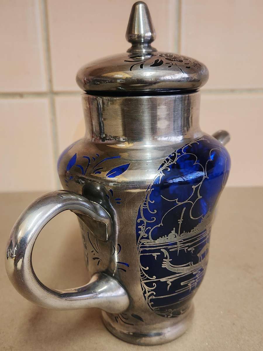 ART DECO VENETIAN COBALT GLASS SILVER OVERLAY TEA POT