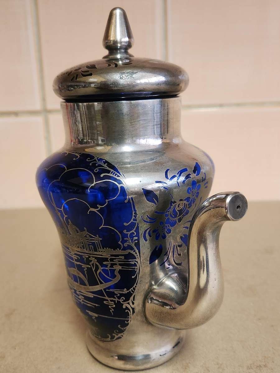 ART DECO VENETIAN COBALT GLASS SILVER OVERLAY TEA POT