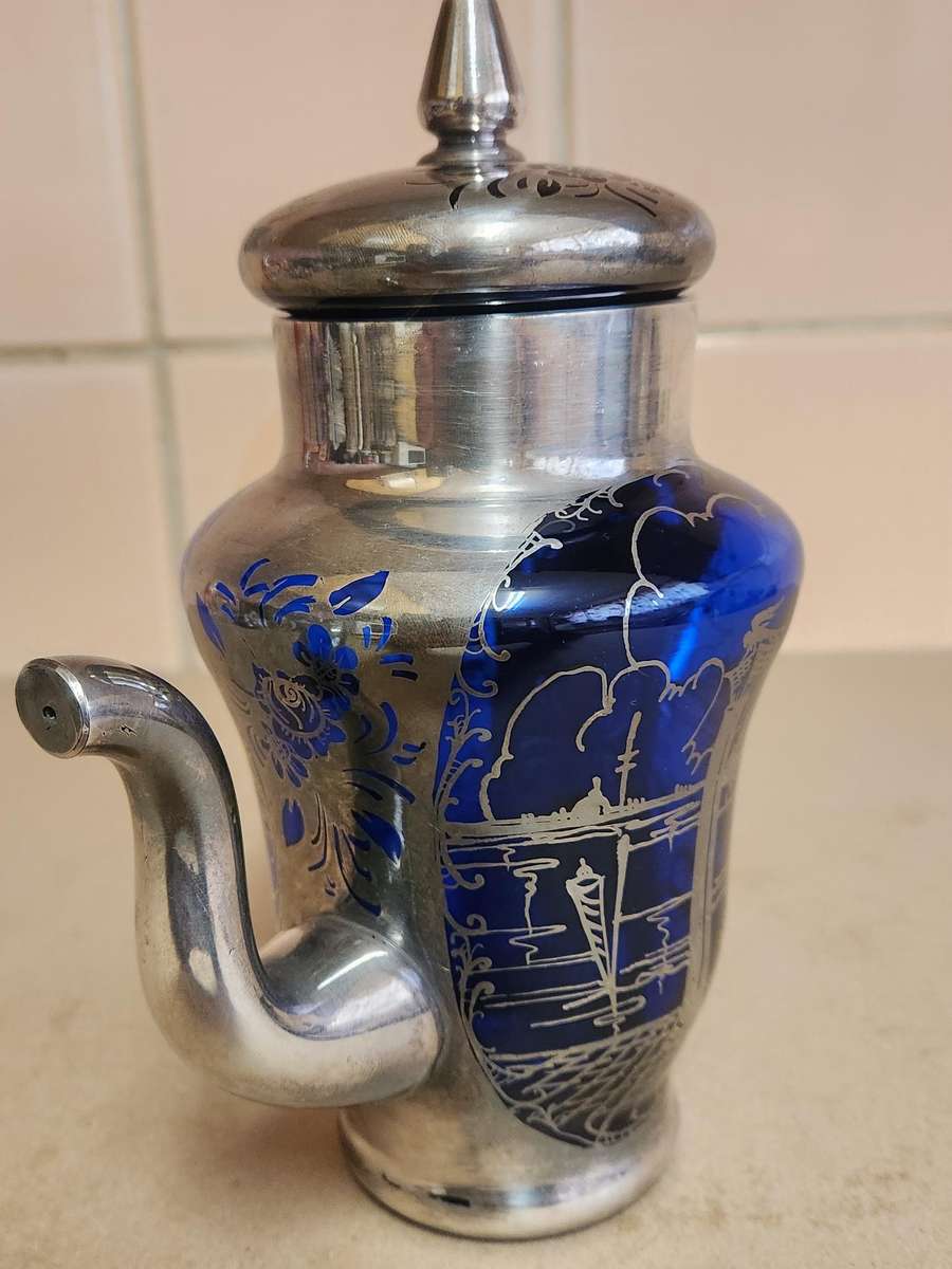 ART DECO VENETIAN COBALT GLASS SILVER OVERLAY TEA POT