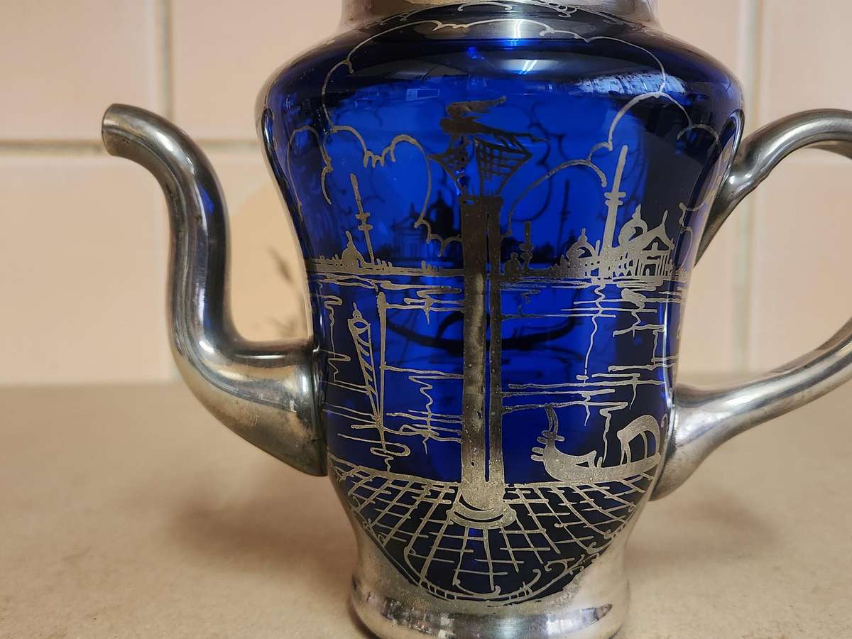 ART DECO VENETIAN COBALT GLASS SILVER OVERLAY TEA POT