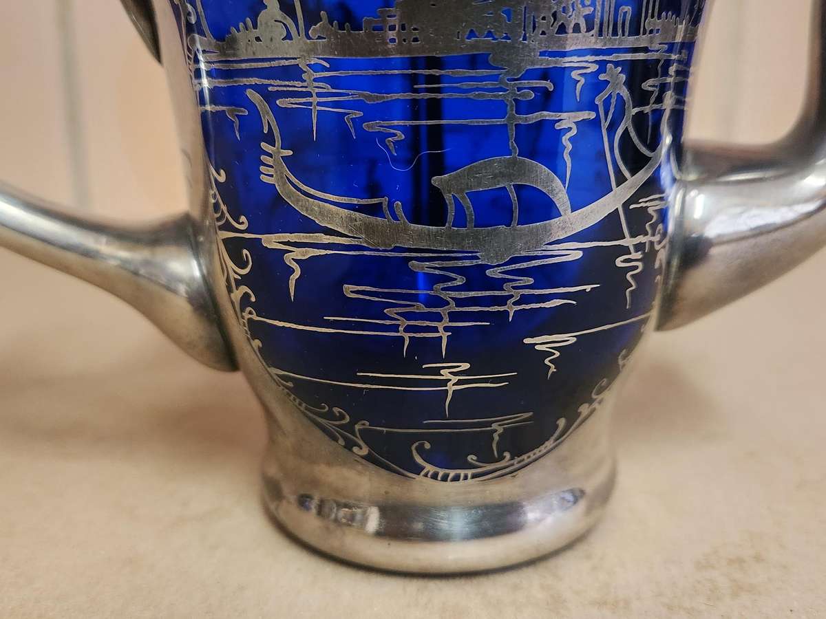 ART DECO VENETIAN COBALT GLASS SILVER OVERLAY TEA POT