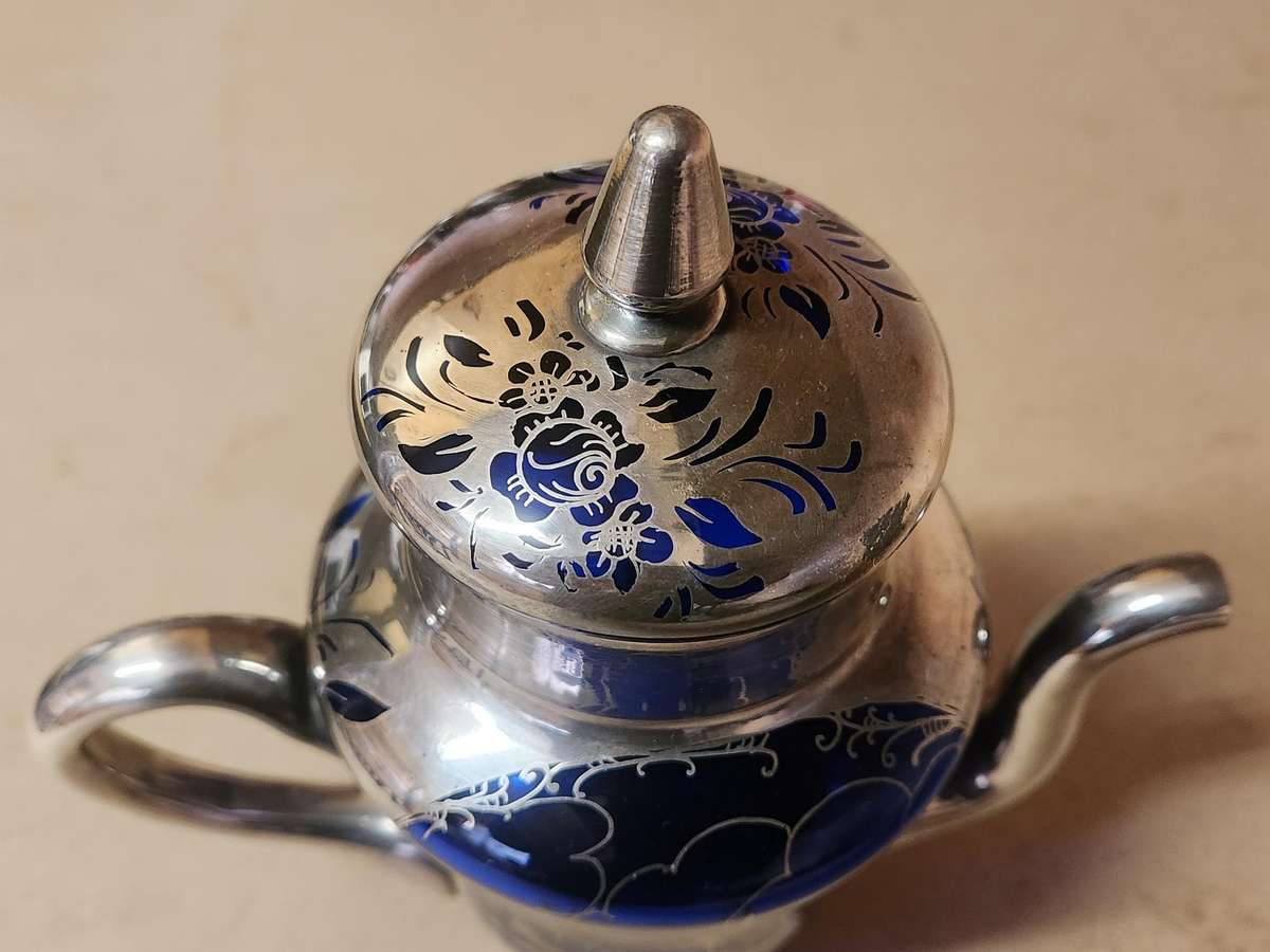 ART DECO VENETIAN COBALT GLASS SILVER OVERLAY TEA POT