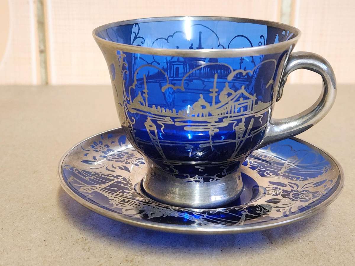 ART DECO VENETIAN COBALT GLASS SILVER OVERLAY DEMITASSE CUP AND SAUCER